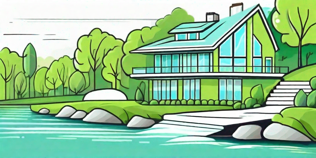 A neat and clean house with a sparkling river flowing in the background