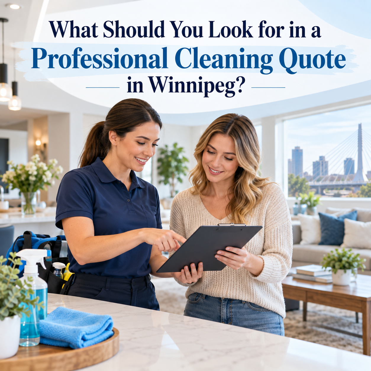Professional cleaner reviewing a house cleaning quote with a Winnipeg homeowner